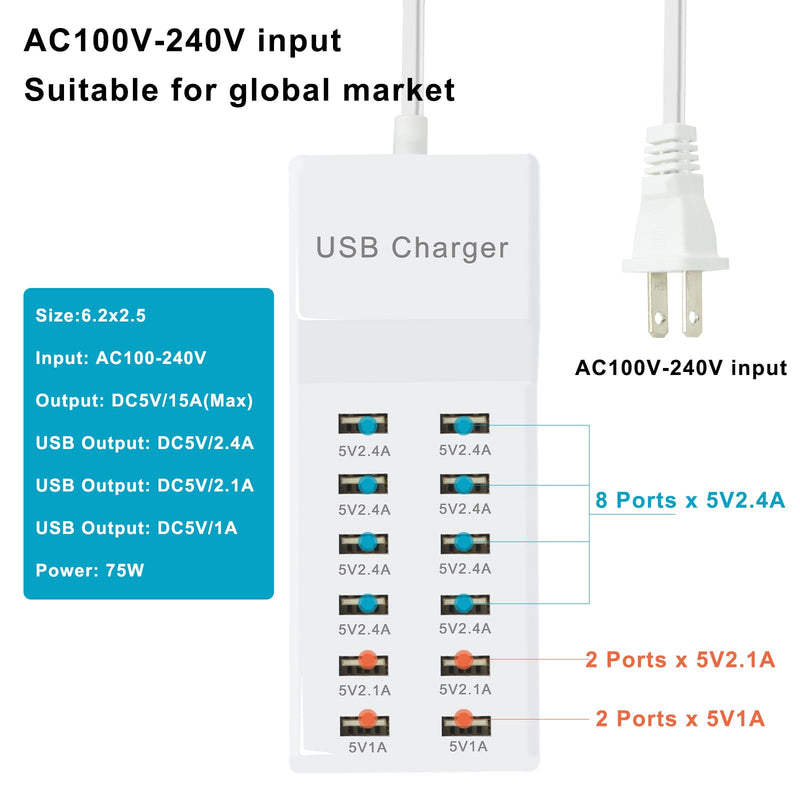 USB Charger 12 Port USB Charging Station with Fast Charging for Multiple Devices USB Charging Port Compatible with Cell Phones Tablets Laptops (12 USB Ports) 12 USB Ports