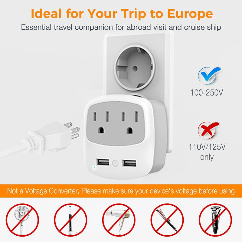 European Travel Plug Adapter Converter, TESSAN International Power Plug Converter with 2 USB, Type C Outlet Adaptor Charger for US to Most of Europe EU Iceland Spain Italy France Germany Gray-Type C