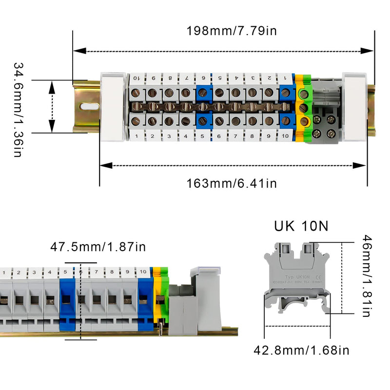 SRJQXH DIN rail terminal blocks UK/10N, 10mm² rail connection block kit with 20cm rail and terminal block accessories, feed-through terminal kit with for production automation, circuit conversion UK-10N