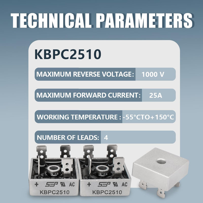 6-Pcs Bridge Rectifier Diodes KBPC2510 25A 1000V Single Phase Metal Housing 4-Pin Through Hole 25A, 1000V KBPC2510