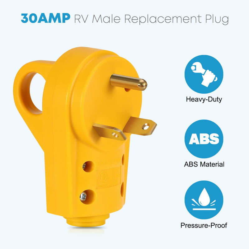 Kohree RV Replacement Plug 30 Amp Male, 125V RV Receptacle Plug, Heavy Duty RV Electrical Camper Plug Adapter with Ergonomic Grip Handle, Yellow 30A RV Male Plug