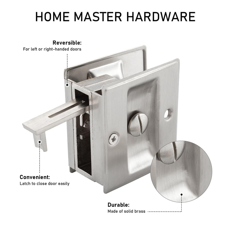 HOME MASTER HARDWARE Privacy Pocket Door Lock Hardware with Pull Replace Old Sliding Door Locks/Solid Brass Pocket Door Privacy Lock 2-3/4”x2-1/2”, for 1-3/8” Thickness Door, Brushed Nickel -2 Pack 2-3/4”x2-1/2” Brushed Nickel--2PACK