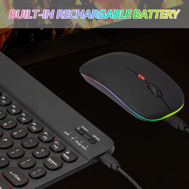 2 Pack Ultra-Slim Bluetooth Keyboard and Mouse Portable Rechargeable 7-Color Backlit for Apple iPad iPhone Samsung Tablet iPhone Smartphone iOS Android Windows Round keys(Black+Pink) black+pink