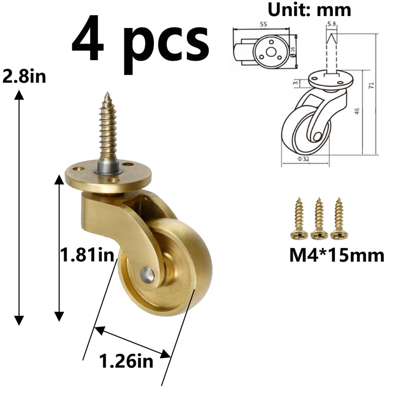 Semetall 1-1/4 Inch Solid Brass Swivel Caster for All Floor Mat Polished Brass Finish Caster Wheels Replacement for Chairs/Tables/Furniture,Set of 4 A-108