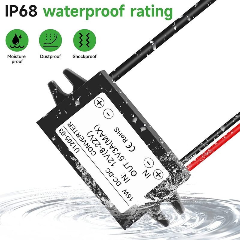Greluma 1 Piece Waterproof 12V to 5V 3A Converter, Type C USB C DC-DC Step-Down Module Power Supply Compatible with Raspberry Pi 4, Mobile Phone, Car