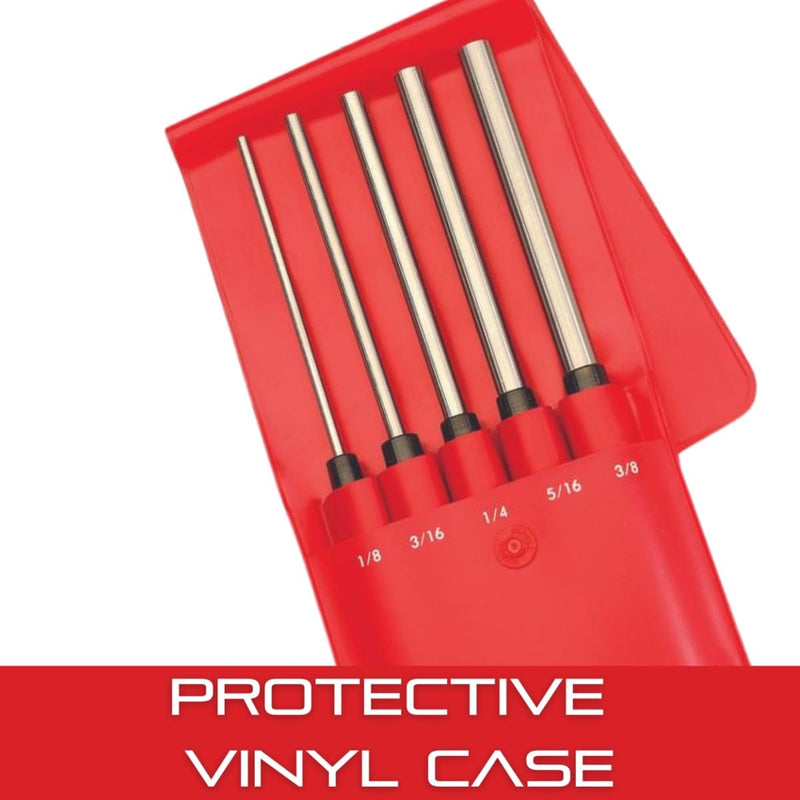 Starrett Extra-Long Drive Pin Punch Set with Knurled Grip and Protective Vinyl Case - 8" Length, 1/8", 3/16", 1/4", 5/16", 3/8" Punch Diameter - Set of 5 - S248PC 5 Piece Set