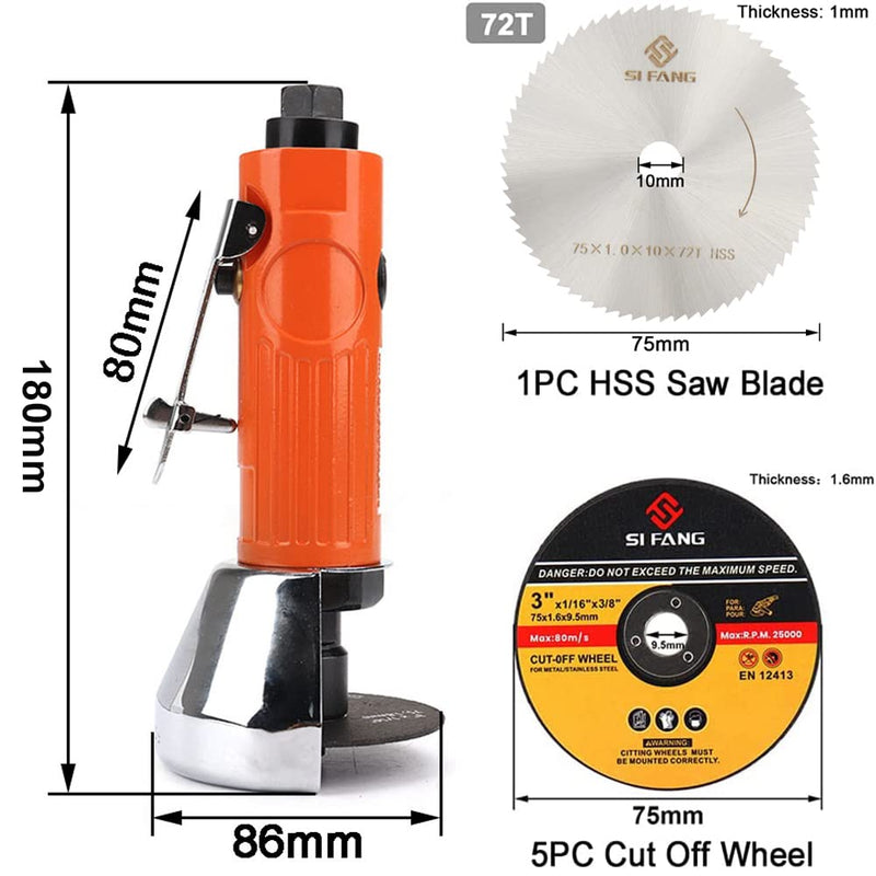 Air Cut Off Tool with 5Pcs 3-inch Die Grinder Cut-Off Wheels, Pneumatic Metal Sheet Cutting Tool, Heavy Duty Air Cutter Cut off Tool Orange Machine Set