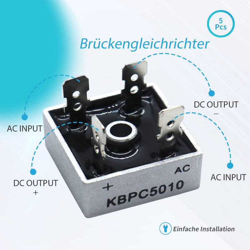5 Piece KBPC5010 Bridge Rectifier Diode Set, 50 A 1000 V Single Phase Full Wave Metal Housing 4 Pin Through Hole