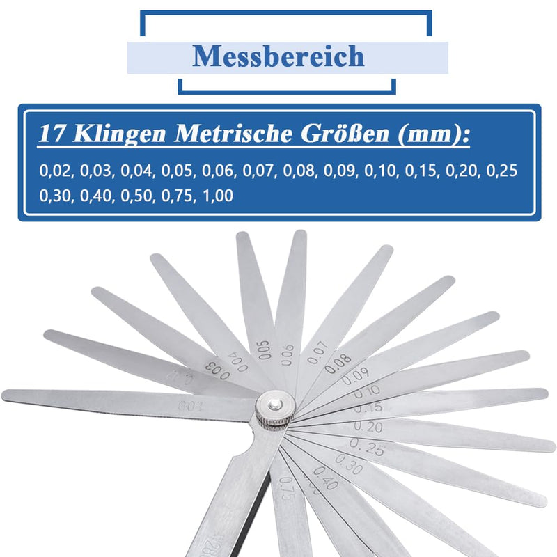 Mesee stainless steel feeler gauge set, 17 blades, high-precision feeler gauge, 0.02-1.00 mm gap width measuring tool, for valve tappets, spark plug gaps, piston rings, brake bands