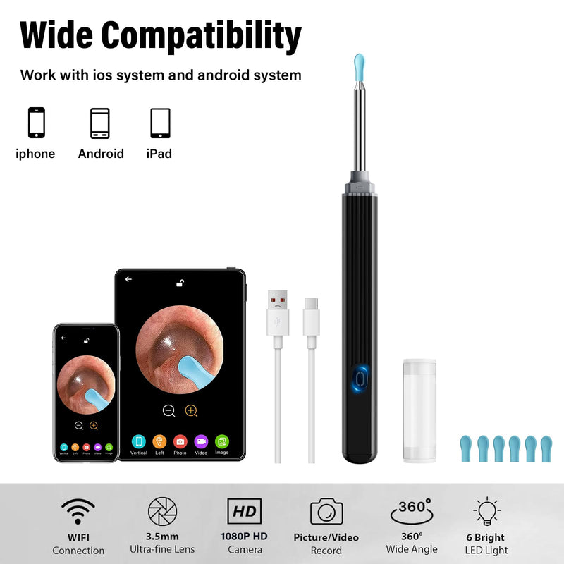Earwax Remover Otoscope, Morelax 1080P WiFi Ear Cleaner, IP67 Waterproof with 360° Camera, Ear Endoscope with 6 LEDs for iPhone, Android, iPad, Adults, Children and Pets (Black) Black