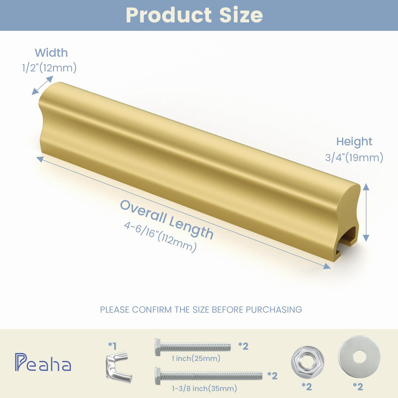 Peaha 10 Pack Adjustable Cabinet Drawer Pulls Overall Length 102mm(4inch) Brushed Brass Drawer Handles Dresser Hardware for Cupboard 1"-4"(25mm-102mm) Matte Gold