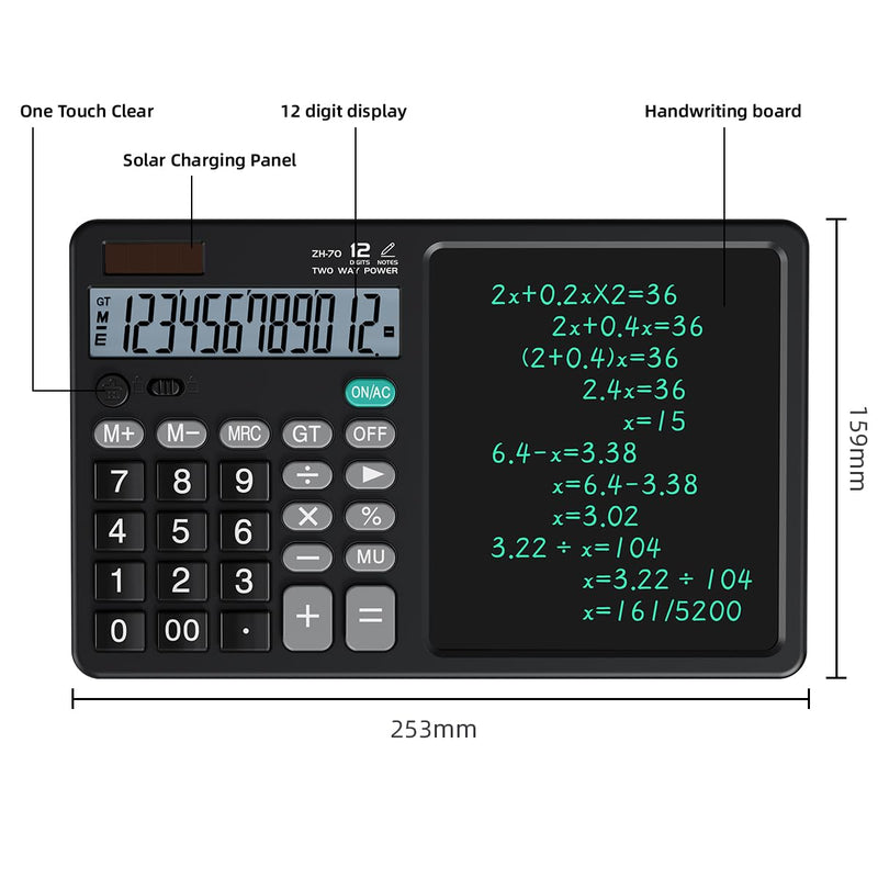 Scientific Calculator with Pull - Out Stylus, 12 - Digit Wide Screen & 100,000+ Reusable Writing Pad, One - Click Clear/Lock, Solar & Battery Dual Power, Portable for School Office Business (Black) Black