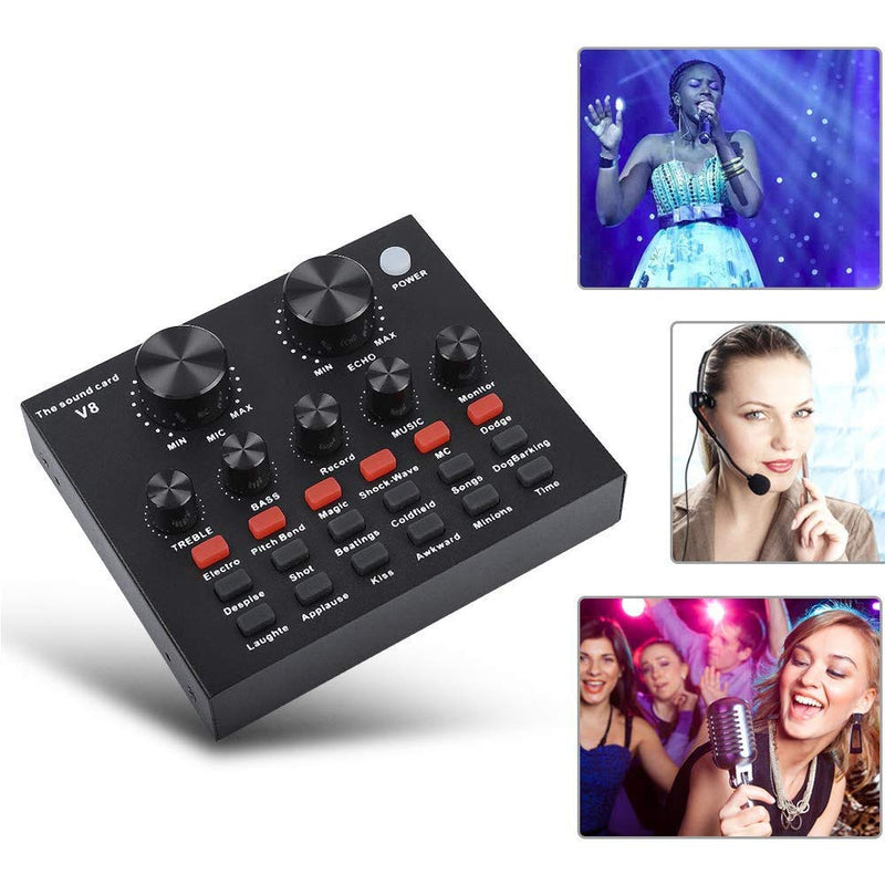 V8 Live Sound Card, Audio Mixer USB External Sound Card Headset Microphone Sound Card Live Broadcast KTV Sound Card for Double Cell Phone for Live KTV Voice Chat(Black)