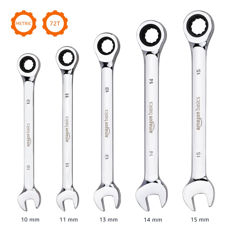 Amazon Basics Ratcheting Wrench Set, Metric, 5 Piece, Black/Silver