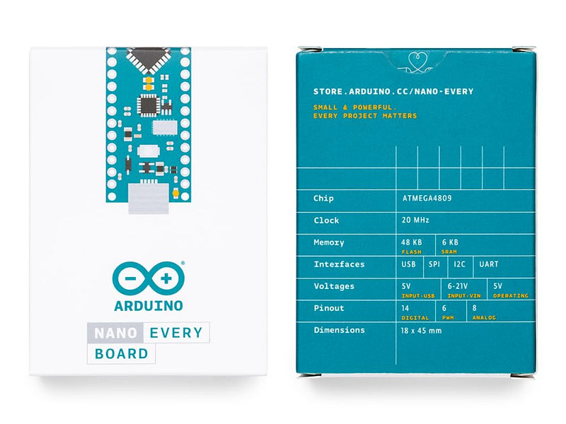 Arduino Nano Every (Single Board) [ABX00028-A] - ATmega4809 Microcontroller, 48KB Flash, 6KB SRAM, 20 Digital I/O Pins, 8 Analog Inputs, USB-C, Compatible with Arduino IDE for Embedded Projects Arduino Nano Every (Single Board)