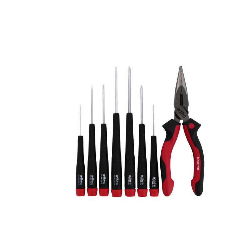 Wiha 26190 Slotted & Phillips Screwdriver Set with Bonus 6.3" Long Nose Pliers, 8 Piece, Extra-Long Handles, Chrome-Plated Slotted & Phillips + Pliers Set, 8 Piece