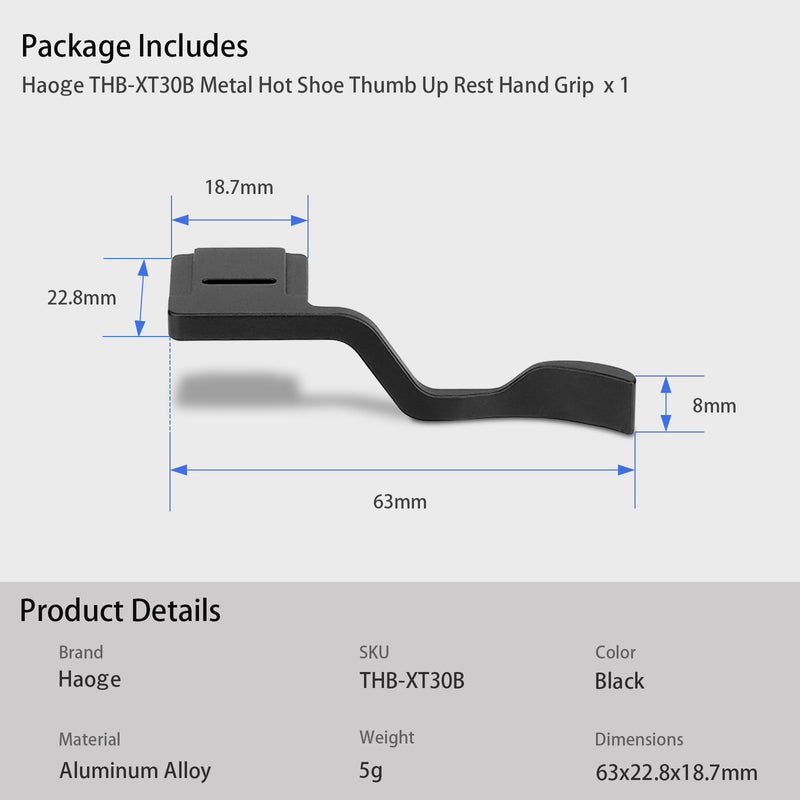 Haoge THB-XT30B Metal Hot Shoe Thumb Up Rest Hand Grip for Fujifilm XT50 Fuji X-T10 X-T20 X-T30 XT10 XT20 XT30 II Camera Black