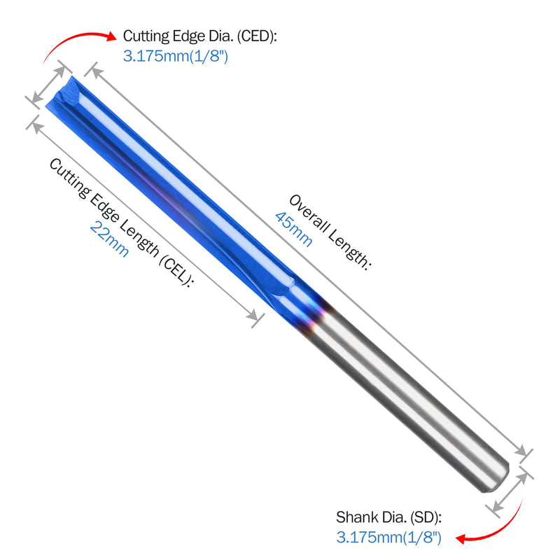 HQMaster CNC Router Bits 1/8 Router Bit Straight Router Bit 1 8 Shank Straight Flute End Mill Cutter 2-Flute Milling Cutting Tungsten Steel 22mm CEL/45mm OAL for MDF PVC Acrylic Chipboard Wood 10 Pack 3.175 x 22 x 45 mm