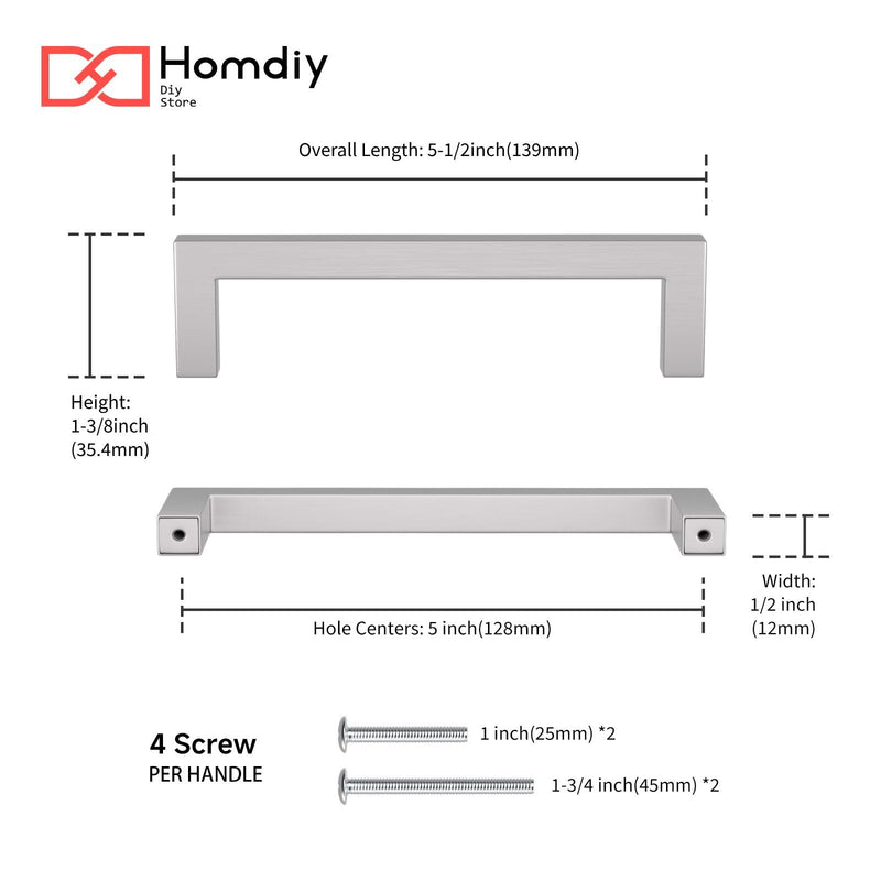 homdiy 15 Pack 5 Inch Brushed Nickel Cabinet Pulls Cabinet Handles Square Door Handles Modern Dresser Drawer Stainless Steel Hardware 5inch(128mm) Hole Center