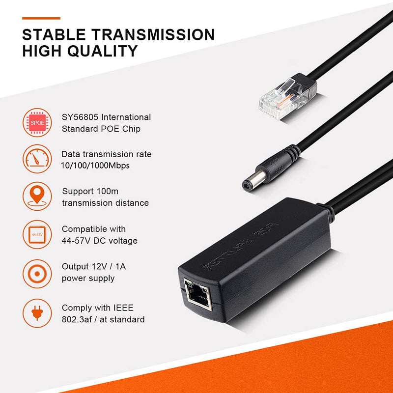 ipolex Gigabit PoE Power Over ethernet Splitter Adapter 48V to 12V, DC Jack 5.5x2.1mm, IEEE 802.3af/at Compliant 10/100/1000Mbps PoE Splitter with 12V Output for Surveillance Camera CCTV & VoIP Phone Gigabit POE Splitter