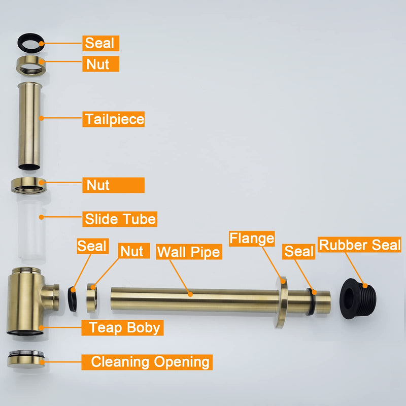 Brass Round Bottle P Trap, Basin Sink Waste Trap Drain Tube Kit Adjustable Height, Brushed Gold Finished