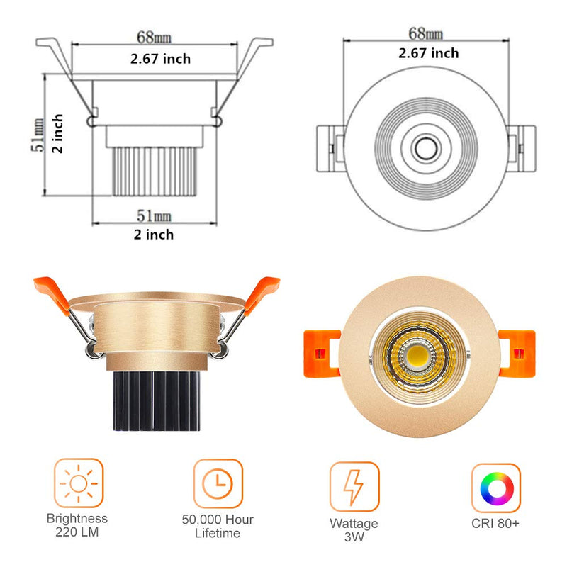 LightingWill 2inch LED Dimmable Downlight, 3W COB Recessed Ceiling Light, Warm White 3000K-3500K, CRI80, 25W Halogen Bulbs Equivalent, Gold (4Pack) Gold Trim - 4Pack