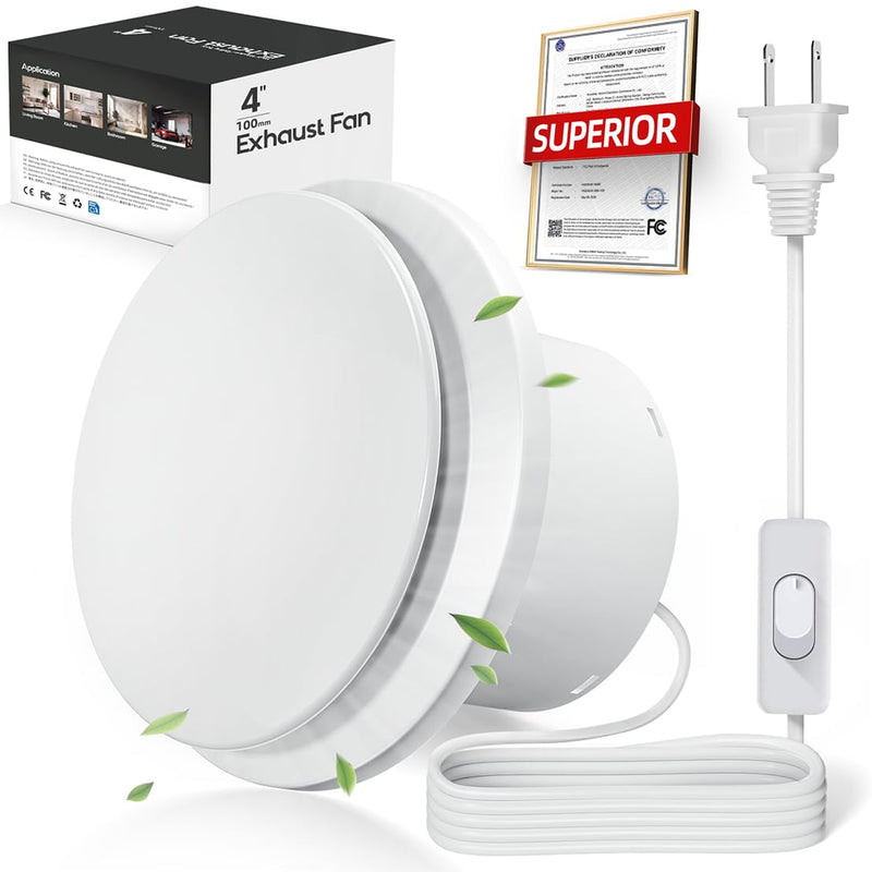 4 Inch Bathroom Exhaust Fan with Switch, Upgraded Exhaust Fan Low Noise IPX4 Waterproof 2600RPM Household Ventilation Fans, Window Ceiling Wall Mount Vent Fan for Attic Basement Garage Washroom P102A2 Bathroom Exhaust Fan with Switch P102A2 White
