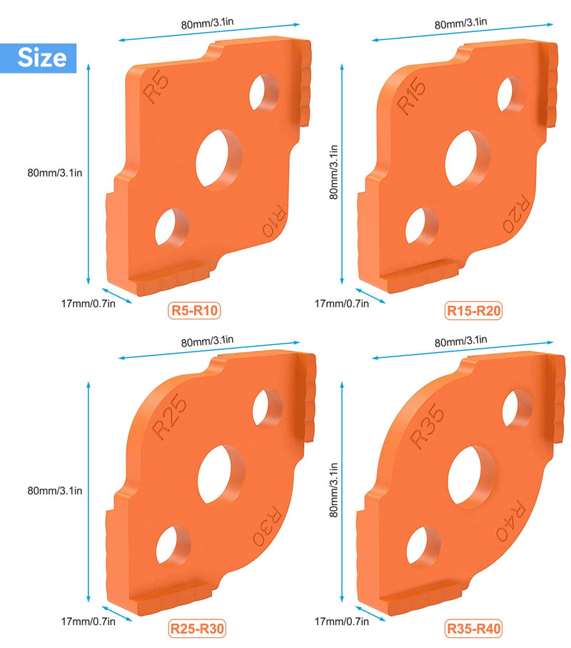 Pack of 4 milling templates for router, radius jig router templates, for hand edge trimmer, engraving machine, woodworking tool (R5 R10 R15 R20 R25 R30 R35 R40) orange