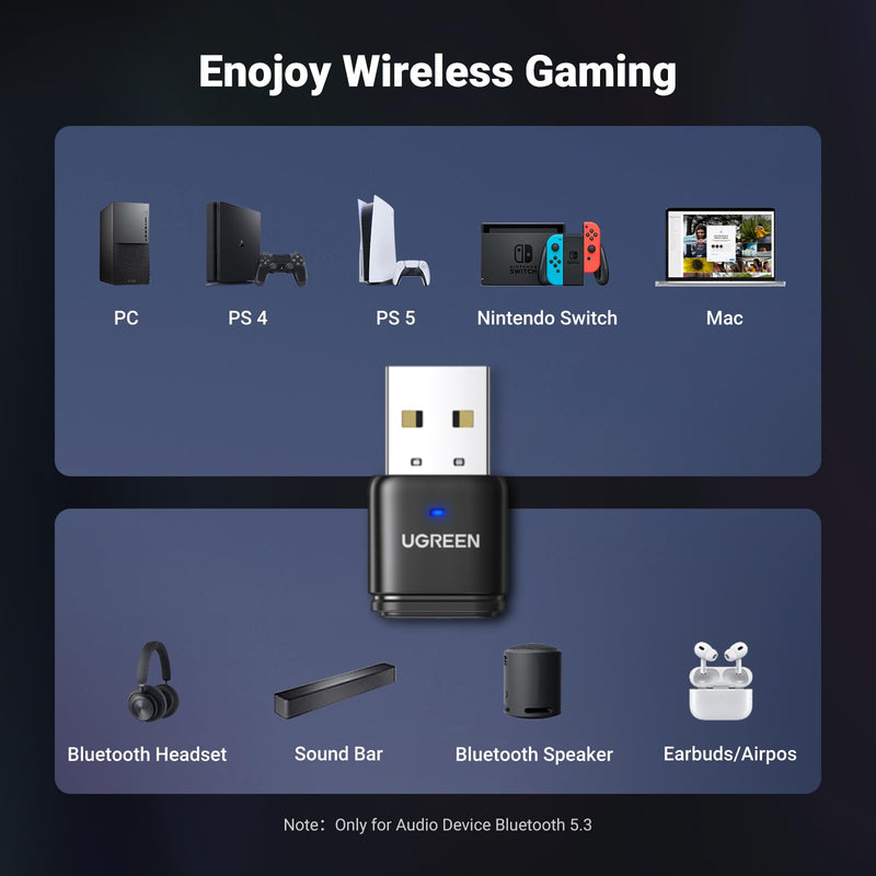UGREEN Bluetooth 5.3 Adapter for PS4 PS5 USB Audio Transmitter APTX Connecting Bluetooth Headphones to PS5, PS4, Switch, PC, Wireless Audio Adapter (Plug & Play)