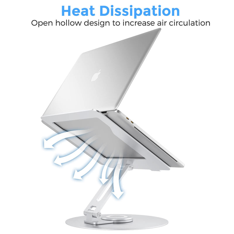 Swivel Laptop Stand for Desk, Adjustable Height Aluminum Computer Stand with 360 Rotating Base, Foldable Ergonomic Riser, Portable Laptop Holder Compatible with MacBook, All Laptops 10-17'', Chrome