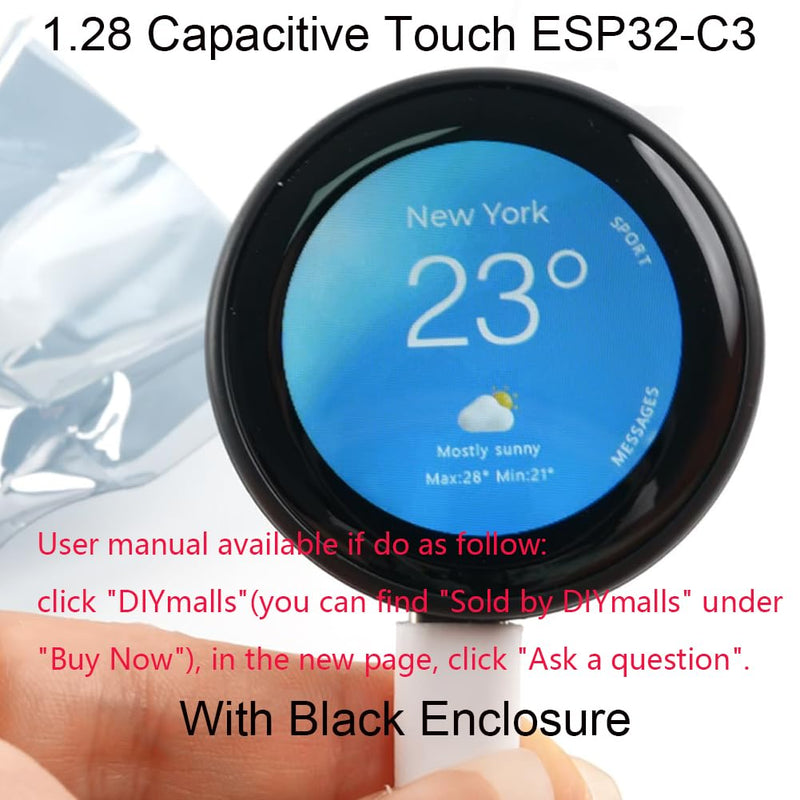 1.28" inch ESP32-C3 Round Display ESP32-2424S012C-I-Y(B) IPS Capacitive Touchscreen with Black Case 240x240 TFT LCD Module ESP32-C3 Development Board GC9A01 for Arduino IDE