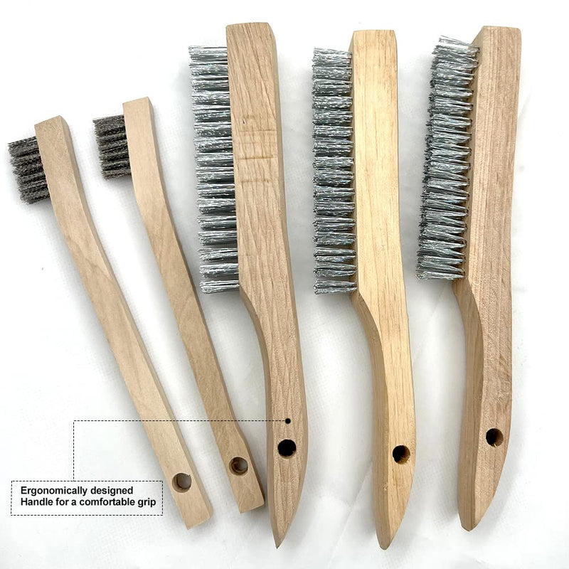 NICAVKIT 5-piece hand wire brush set, wire brushes with wooden handle, 3 x large stainless steel brush 250 mm, 2 x small stainless steel brush 205 mm, metal brush hand wire brush set for metal, wood, grill