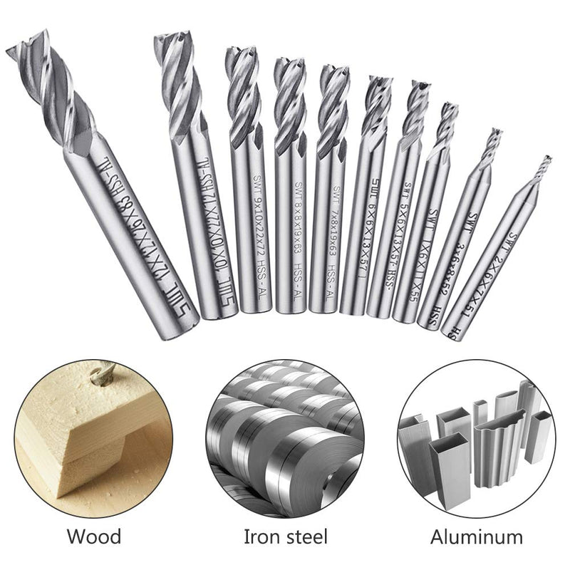 Afunta Drill Bits/End Mill with 4 Flutes 2-12mm (0.08-0.47") High Speed Steel Straight Shank Tool Set for Wood Aluminum Steel Titanium CNC Milling 10pcs