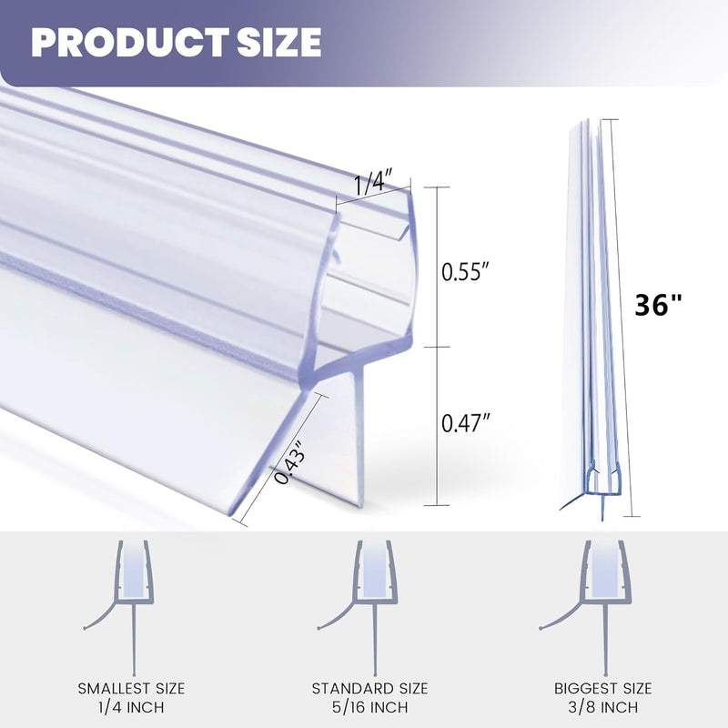 Frameless Shower Door Bottom Seal Strip for 1/4"(6mm) Thick Glass, Super Clear 36 Inch Long 2PCS Shower Door Seal, to Water Block for 6mm glass,36 inch long
