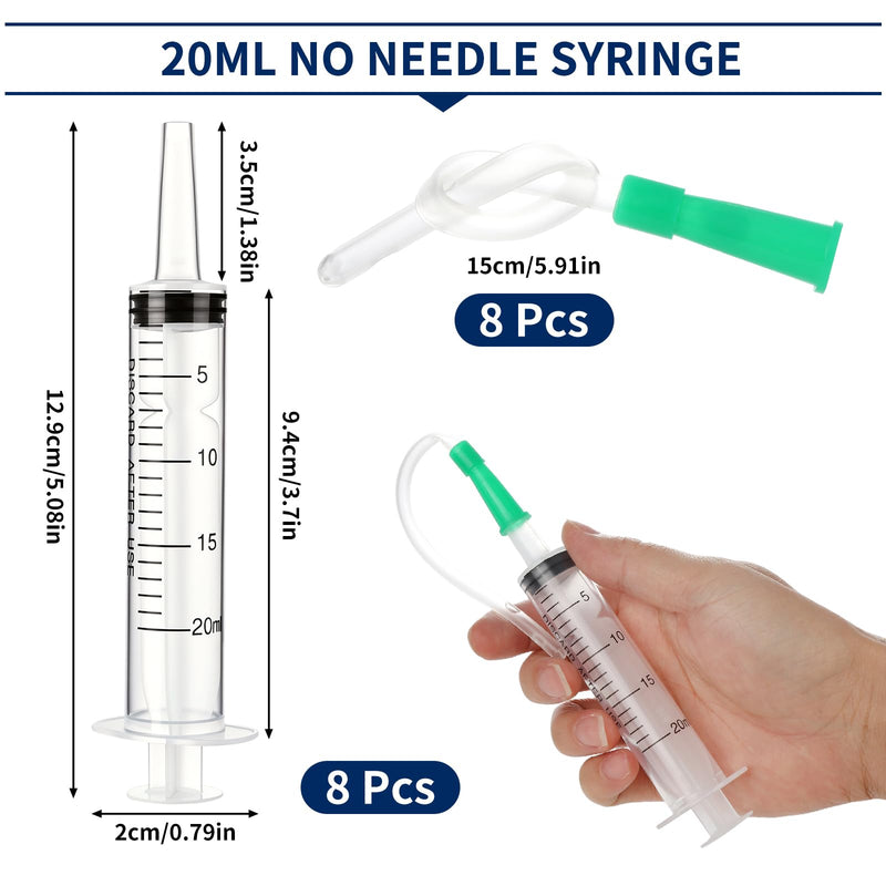 Pack of 8 Syringes, 20 ml, with Hose 15 cm, Large, Leak Protection, PP | Syringe with Lid, Needle, Reusable, Transparent, for Scientific Laboratories, for Measuring Liquids 20ml
