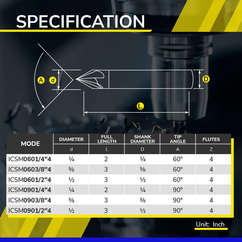 SPEED TIGER Chamfer End Mill - CNC Carving Bits, V Groove, 60 Degree, ICSM1/2 Diameter 3" OVL (1 Piece, 1/2" 60°) - for Wood, Alloy Steels, Hardened Steels – Mill Bits Sets for DIYers & Professionals 1/2" 60°