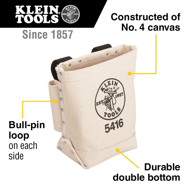 Klein Tools 5416 Tool Pouch, Small Tool Bag for Bolt Storage with Bull Pin Loops and Belt Strap Connect, 5 x 10 x 9-Inch One Size (Pack of 2)