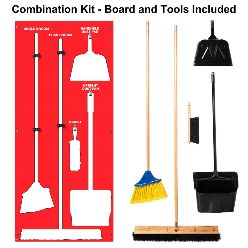 Clean & Sweep 5S Shadow Board/Wall Mount Broom Holder, 68" x 30" Board, 5S Cleaning Station - with Broom and Dustpan Set Included, Made in The USA by AccuformNMC, Red/White, PSB616RDWT