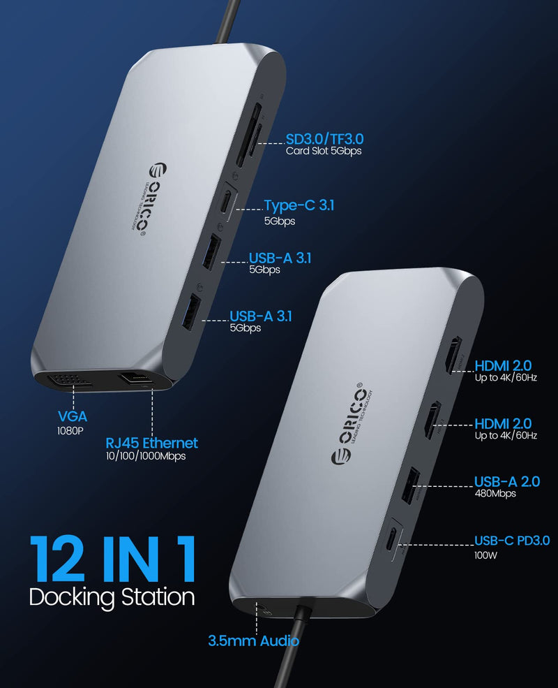 Docking Station USB C to Dual HDMI Adapter, ORICO 12 in 1 USB C Hub with Dual HDMI, VGA, 100W PD, Ethernet, 2 USB-A 3.1, 1 USB 2.0, 1 Type-C 3.1, SD/TF, Audio, Compatible for Windows/Mac OS（Rose Gold） X11 Rose Gold