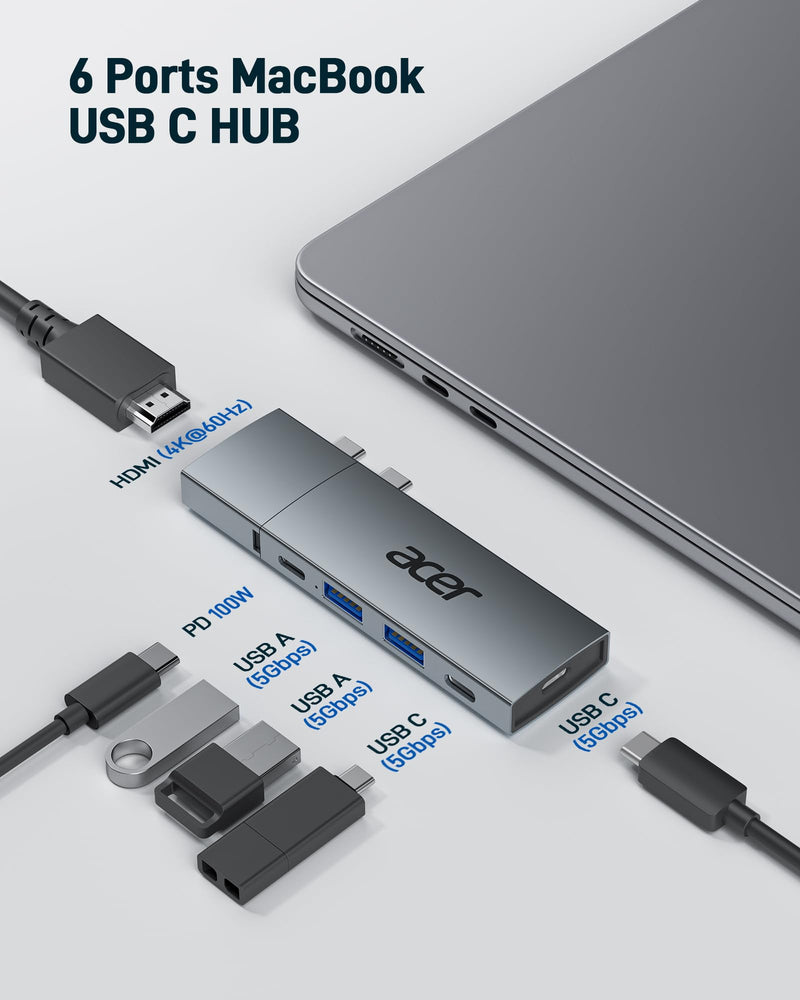 Acer USB C Hub for MacBook Pro/Air M1 M2 M3, 6 in 2 Detachable 4K@60Hz USB C to HDMI Adapter with 2 USBA & 2 USBC 3.0 Data Ports, 100W PD Charging, USBC to USB Dongle Adapter Grey