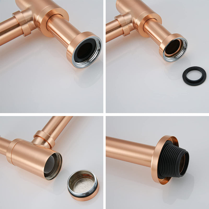 RANDOM Brass Contemporary Round Bottle P Trap 1 1/4 Basin Sink Waste Drain P Trap Kit, Copper Satin, Also Red Antique Copper（Brushed Rose Gold） Brushed Rose Gold