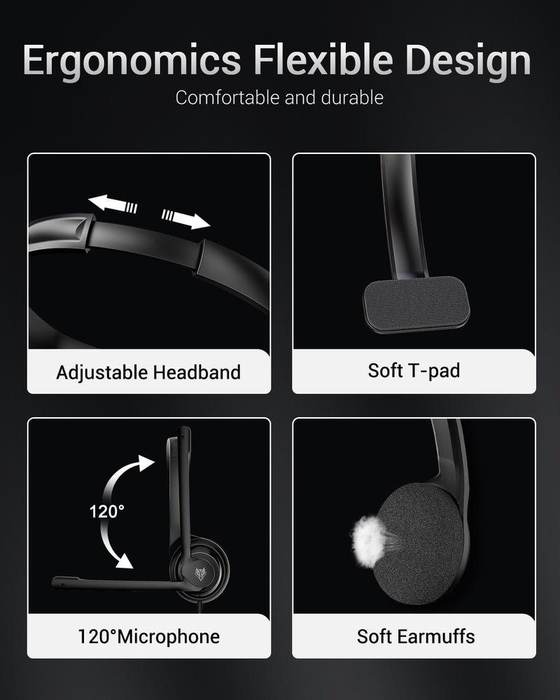 NUBWO HW02 USB Headset with Microphone Noise Cancelling &in-line Control, Ultra Comfort Computer Headset for Laptop pc, On-Ear Wired Office Call Center Headset for Boom Skype Webinars (USB C/3.5) Black 3.5+USB-C