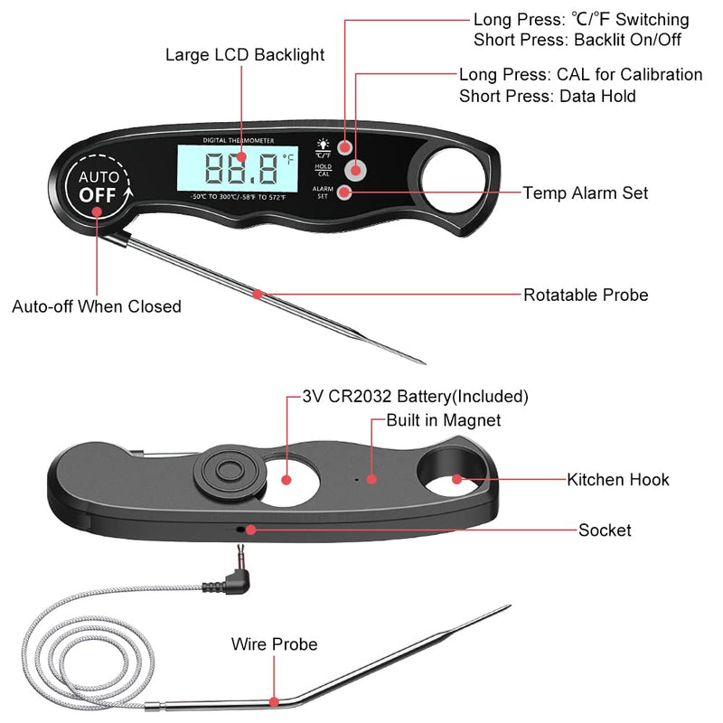 CIRYCASE Digital Meat Thermometer, Instant Read Roasting Thermometer | External Probe with 2 Long Probes & Magnet Grill Thermometer, Alarm Function, Thermometer Laboratory Thermometer for Kitchen