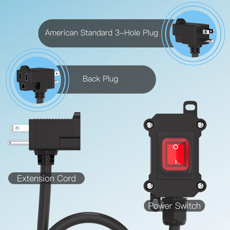 Inline Power Switch with 15-ft 14AWG Cable Piggyback Plug(3-Pronged),Red LED Rocker Button,IP67 Waterproof Extension Cord with On/Off Switch, AC/DC 20A-125V / 16A-250V（15FT/14AWG） 15FT