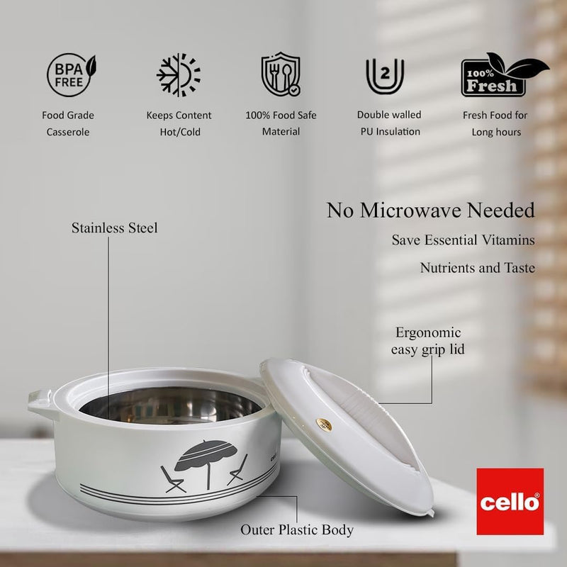 Cello Chef Deluxe Insulated Hot Pot Casserole 1500, White | Spacious 1250ml Capacity Provides Ample Storage and Serving Space for Everyday Family Dining Capacity: 1250 ML Approx.