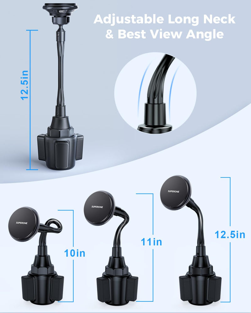 SUPERONE 2025 Upgraded for MagSafe Cup Holder Charger, MagSafe Car Mount Charger 15W Fast Charging with Adjustable Gooseneck for iPhone 17 16 15 14 13 12 Pro Max Plus Mini MagSafe Case 15W Charger Cup Holder
