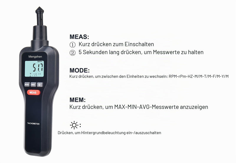 Digital Tachometer, Mengshen 2 in 1 Non-Contact & Contact Speed Meter Rotation Tester - M522 | Non-contact, contact speed measurement