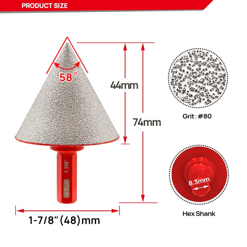 DT-DIATOOL Diamond Beveling Chamfer Bit 1-7/8 Inch with Hex Shank for Tile Porcelain Ceramic Granite Marble Existing Holes Enlarging Polishing Shaping Trimming Repairing 1-7/8 Inch, Hex Shank