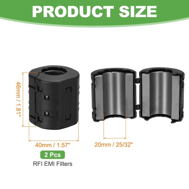 QUARKZMAN Ferrite Ring Core Cylinder, 20mm ID x 40mm OD x 46mm L RFI EMI Noise Reduction Cable Clip Attachable Ferrite Beads for USB Cable, Video Cable, Power Cable, Black Pack of 2