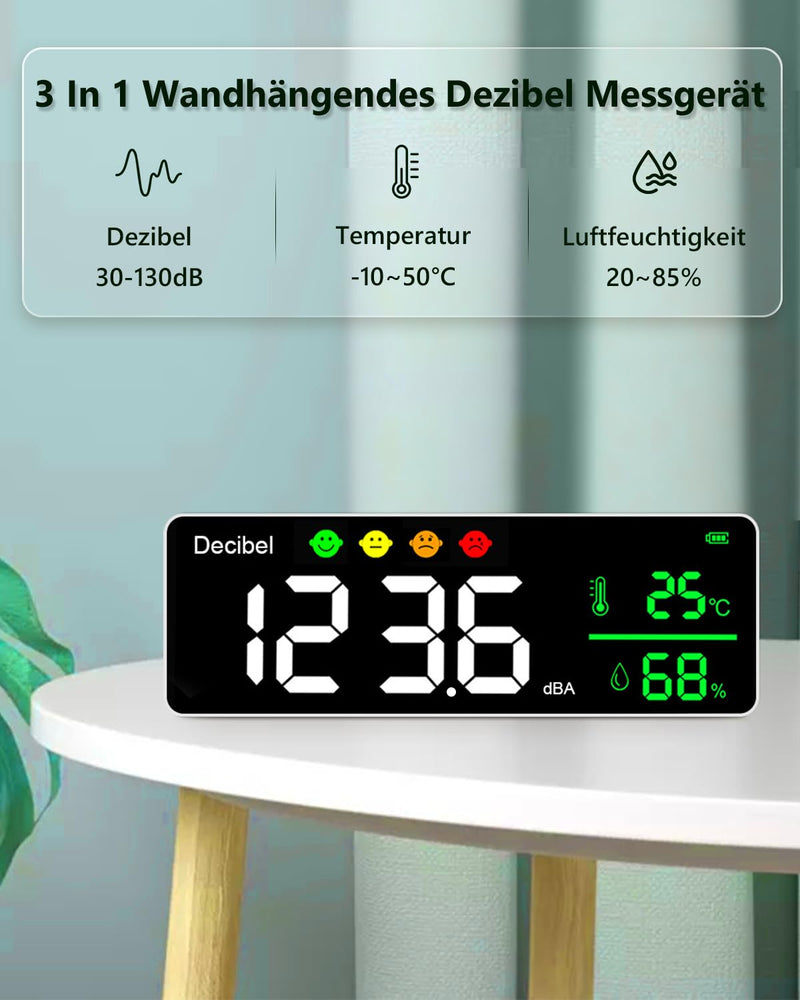 Digital Decibel Meter, 3-in-1 Sound Level Meter, Wall Hanging, Sound Level Meter with Temperature & Humidity, 30 ~ 130 dB, 11 Inch Large LED Screen, for Home, Baby Room, Library White